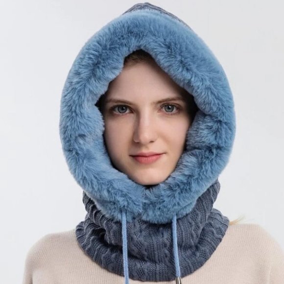 Blue Faux fur trimmed Panel Drawstring Hat winter - Picture 4 of 6